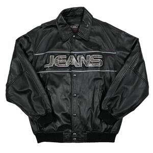VTG FUBU "Jeans" Rhinestone Leather Bomber Jacket Men's XL /RARE 90s Rap Hip Hop
